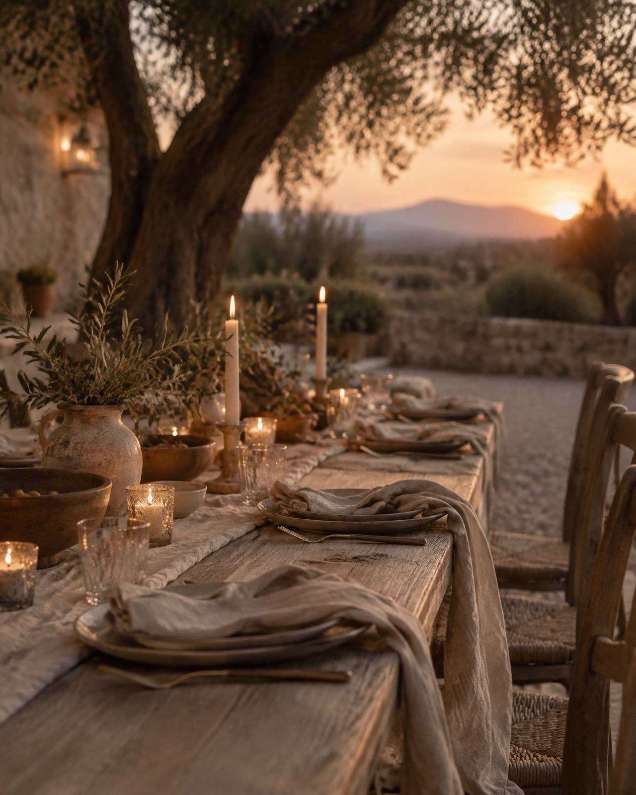 A long table at the edge of an orchard