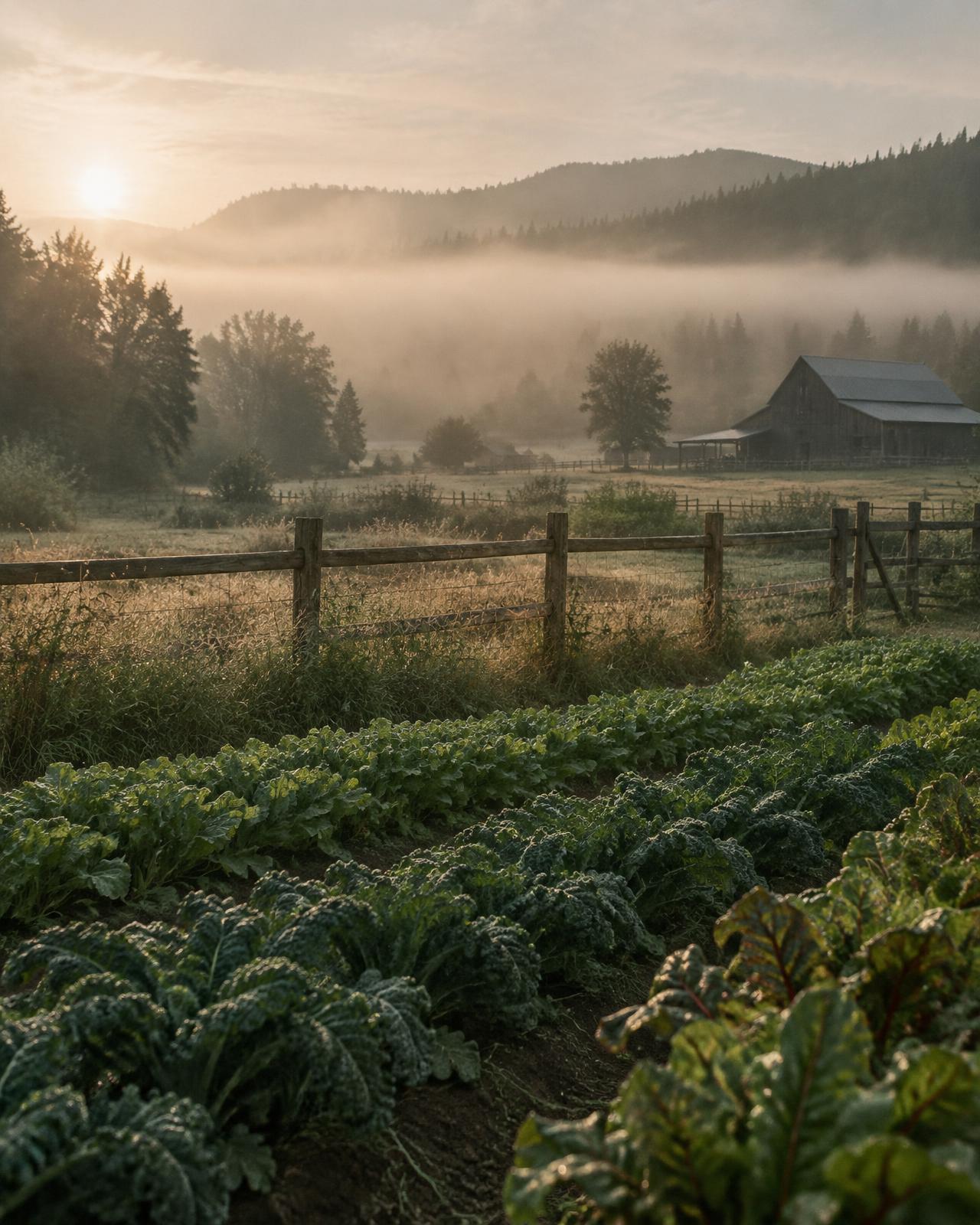 A working farm with a six-seat table