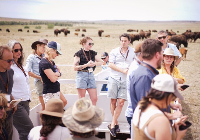 Guests touring a bison pasture at West Bijou Ranch